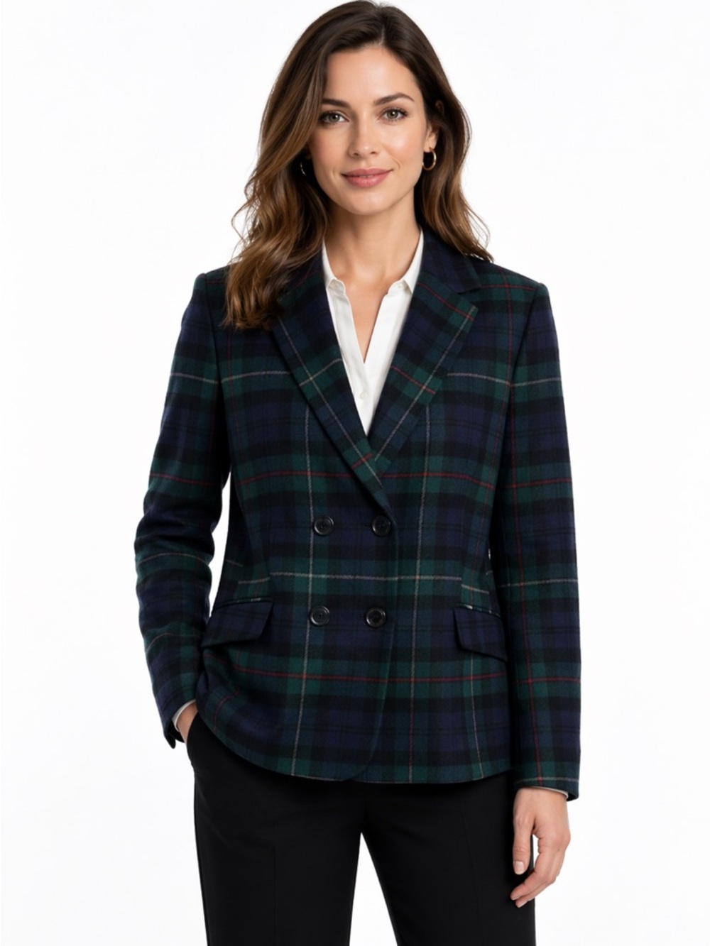 NWT Talbots Brushed Wool Double Breasted Blazer Tartan Plaid 16 P Green Academia